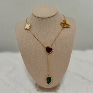 18K Gold Multi-Charm Necklace Clover, Heart, Butterfly & Leaf  (item #181)